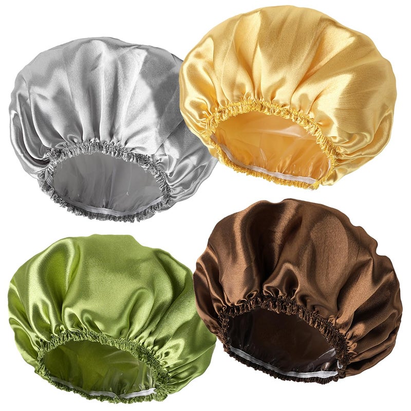 CHFONG 4 PCS Shower Cap for Women, Elastic and Reusable Bath Caps, Double Layers Shower Caps Reusable Waterproof, Bathing Shower Caps, Environmental Bath Hair Protection Cap -Gold+Green+Silver Gray+Brown - Image 1